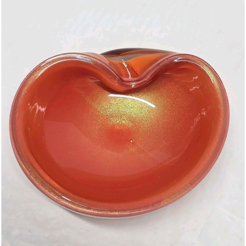 VTG Alfredo Barbini Murano Orange Gold Flecks Polvery Cased Glass Bowl Ashtray